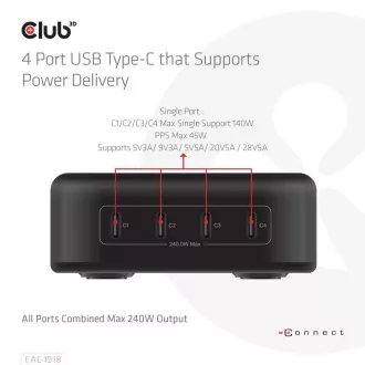 Club3D cestovní nabíječka 240W GaN technologie, 4xUSB-C, PPS + PD 3.1 Support Club3D cestovní nabíječka 240W GaN technologie, 4xUSB-C, PPS + PD 3.1 Support