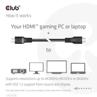 Club3D Kabel HDMI, Ultra Rychlý HDMI™ Certifikovaný Cable, 4K120Hz/ 8K60Hz, 7.5m Club3D Kabel HDMI, Ultra Rychlý HDMI™ Certifikovaný Cable, 4K120Hz/ 8K60Hz, 7.5m