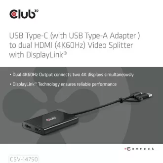 Club3D Video rozbočovač USB-C/A na 2xHDMI 2.0, Dual Monitor, 4K60Hz (M/F)