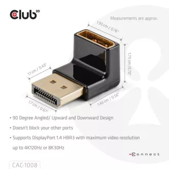 Club3D Adaptér DisplayPort na DisplayPort 1.4, 4K120Hz, 8K30Hz, 90° Club3D Adaptér DisplayPort na DisplayPort 1.4, 4K120Hz, 8K30Hz, 90°