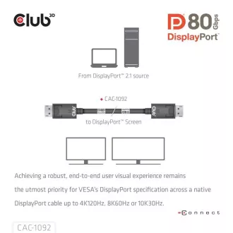 Club3D Kabel DisplayPort 2.1 na DisplayPort 2.1, VESA DP80, 4K240Hz/8K60Hz/10K60Hz (M/M), 1.6m, černá