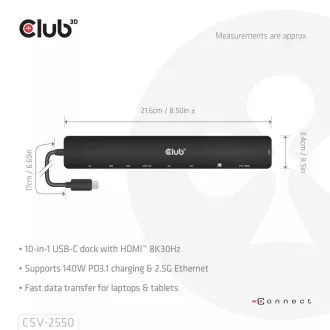 Club3D Dokovací stanice USB-C 10v1, 140W PD, 1xHDMI, 3xUSB-C, 3xUSB, 1xRJ45, černá Club3D Dokovací stanice USB-C 10v1, 140W PD, 1xHDMI, 3xUSB-C, 3xUSB, 1xRJ45, černá