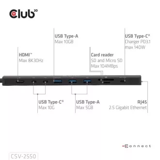 Club3D Dokovací stanice USB-C 10v1, 140W PD, 1xHDMI, 3xUSB-C, 3xUSB, 1xRJ45, černá Club3D Dokovací stanice USB-C 10v1, 140W PD, 1xHDMI, 3xUSB-C, 3xUSB, 1xRJ45, černá