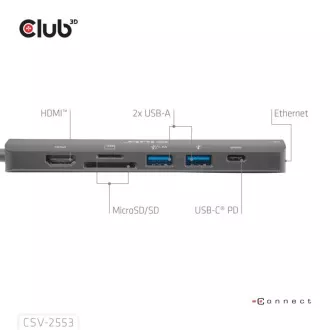 Club3D Dokovací stanice USB-C 7v1, 1xHDMI, 1xUSB-C PD, 2xUSB, 1xRJ45, microSD/SD, černá