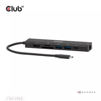 Club3D Dokovací stanice USB-C 7v1, 1xHDMI, 1xUSB-C PD, 2xUSB, 1xRJ45, microSD/SD, černá