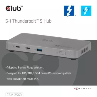 Club3D hub Thunderbolt 5 5v1, 3x USB-C TB5, 1x USB-A, 1x8K60Hz, 3x 5K60Hz, certifikace Thunderbolt Share, 180W