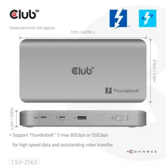 Club3D hub Thunderbolt 5 5v1, 3x USB-C TB5, 1x USB-A, 1x8K60Hz, 3x 5K60Hz, certifikace Thunderbolt Share, 180W
