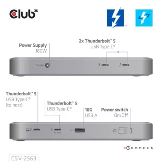 Club3D hub Thunderbolt 5 5v1, 3x USB-C TB5, 1x USB-A, 1x8K60Hz, 3x 5K60Hz, certifikace Thunderbolt Share, 180W