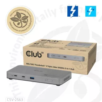 Club3D hub Thunderbolt 5 5v1, 3x USB-C TB5, 1x USB-A, 1x8K60Hz, 3x 5K60Hz, certifikace Thunderbolt Share, 180W