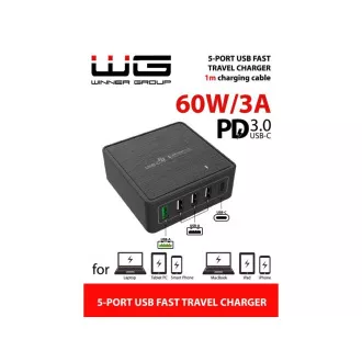 WG - Síťová nabíječka 5x USB 60W, 1x USB-A QC 3.0 + 3x USB-A Smart IC + 1x USB-C PD, černá WG - Síťová nabíječka 5x USB 60W, 1x USB-A QC 3.0 + 3x USB-A Smart IC + 1x USB-C PD, černá