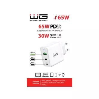 WG - Síťová nabíječka GaN 3x USB, 1x USB-A 30W + 2x USB-C 65W, bílá