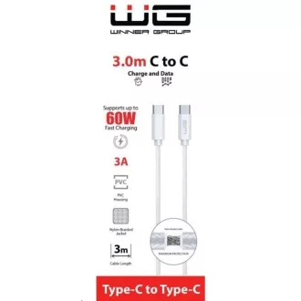 WG - Datový kabel Type-C na Type-C, 3 metry, 3A, 60W, bílá