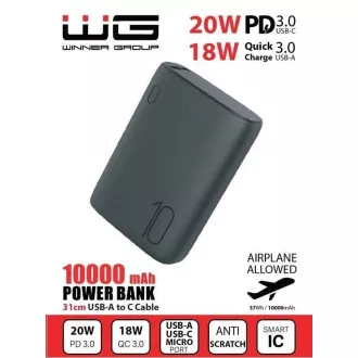 WG - Power Bank 10000 mAh, QC 3.0 a PD output+input, ultra malá, černá WG - Power Bank 10000 mAh, QC 3.0 a PD output+input, ultra malá, černá