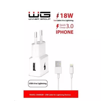 WG - Síťová nabíječka 1x USB-A, Quick Charge 3.0, 5V-9V-12V, kabel USB-A na Lightning, bílá