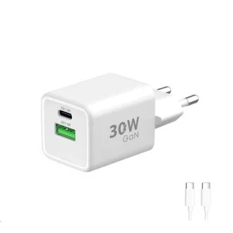 WG - Síťová nabíječka GaN 2x USB 30W, 1x USB-C PD3.0 PPS QC4 30W + USB-A 18W, kabel Type-C na Type-C, bílá WG - Síťová nabíječka GaN 2x USB 30W, 1x USB-C PD3.0 PPS QC4 30W + USB-A 18W, kabel Type-C na Type-C, bílá