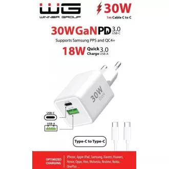 WG - Síťová nabíječka GaN 2x USB 30W, 1x USB-C PD3.0 PPS QC4 30W + USB-A 18W, kabel Type-C na Type-C, bílá WG - Síťová nabíječka GaN 2x USB 30W, 1x USB-C PD3.0 PPS QC4 30W + USB-A 18W, kabel Type-C na Type-C, bílá