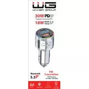 WG - Nabíječka do auta, Transmitter FM, USB-A QC 3.0 18W + USB-C PD 30W, stříbrná