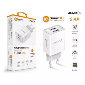 Aligator síťová nabíječka, 2x USB, smart IC, 2, 4 A, bílá Aligator síťová nabíječka, 2x USB, smart IC, 2, 4 A, bílá