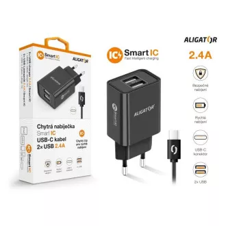 Aligator síťová nabíječka, 2x USB, smart IC, 2, 4 A, kabel USB-C 2A, černá Aligator síťová nabíječka, 2x USB, smart IC, 2, 4 A, kabel USB-C 2A, černá