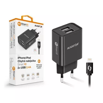 Aligator síťová nabíječka, 2x USB, smart IC, 2, 4 A, kabel Lightning 2A, černá