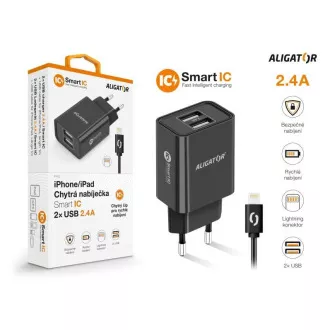 Aligator síťová nabíječka, 2x USB, smart IC, 2, 4 A, kabel Lightning 2A, černá