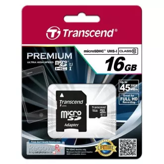 TRANSCEND MicroSDHC karta 16GB Premium, Class 10 UHS-I 300x + adaptér TRANSCEND MicroSDHC karta 16GB Premium, Class 10 UHS-I 300x + adaptér