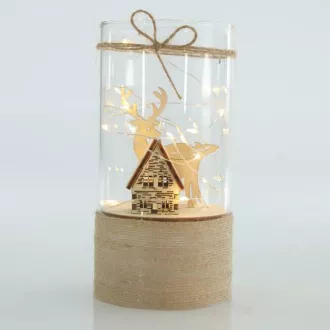 Eurolamp Skleněný dekor s chaloupkou a sobem, 9 x 18 cm