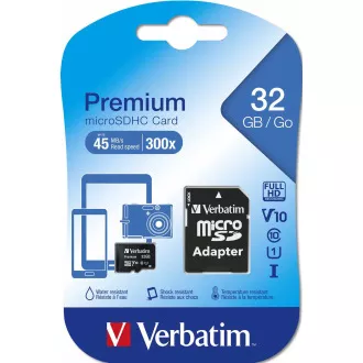 VERBATIM MicroSDHC karta 32GB Premium, U1 + SD adaptér VERBATIM MicroSDHC karta 32GB Premium, U1 + SD adaptér