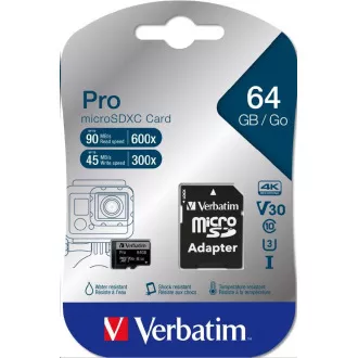 VERBATIM MicroSDXC karta 64GB Pro, U3 + adaptér VERBATIM MicroSDXC karta 64GB Pro, U3 + adaptér