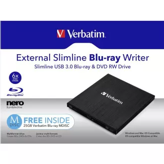 VERBATIM externí mechanika Slimline Blu-ray Rewriter USB 3.0 Zdarma BR Disc 25GB (CD DVD BD Mdisc) +NERO VERBATIM externí mechanika Slimline Blu-ray Rewriter USB 3.0 Zdarma BR Disc 25GB (CD DVD BD Mdisc) +NERO
