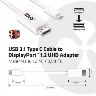 Club3D Adaptér USB 3.1 typ C na DisplayPort 1.2 4K60Hz UHD 1, 2m (M/M)