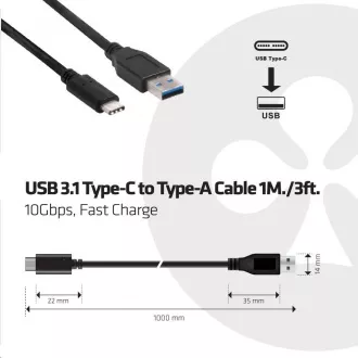 Club3D Kabel USB 3.1 typ C na USB 3.1 typ A, 10Gbps Power Delivery 60W (M/M), 1m Club3D Kabel USB 3.1 typ C na USB 3.1 typ A, 10Gbps Power Delivery 60W (M/M), 1m