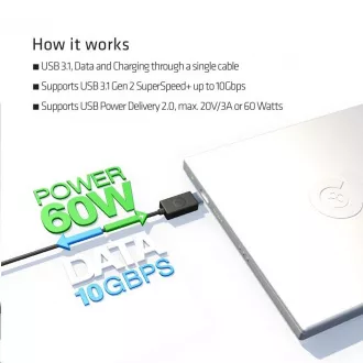 Club3D Kabel USB 3.1 typ C na USB 3.1 typ A, 10Gbps Power Delivery 60W (M/M), 1m Club3D Kabel USB 3.1 typ C na USB 3.1 typ A, 10Gbps Power Delivery 60W (M/M), 1m