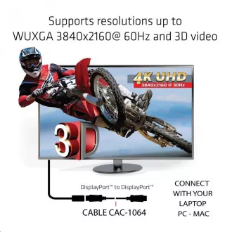 Club3D Kabel certifikovaný DisplayPort 1.2, 4K60Hz UHD (M/M), 3m, 30 AWG Club3D Kabel certifikovaný DisplayPort 1.2, 4K60Hz UHD (M/M), 3m, 30 AWG
