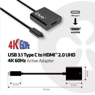 Club3D Adaptér aktivní USB 3.1 typ C na HDMI 2.0 UHD 4K60Hz HDR, 17cm Club3D Adaptér aktivní USB 3.1 typ C na HDMI 2.0 UHD 4K60Hz HDR, 17cm