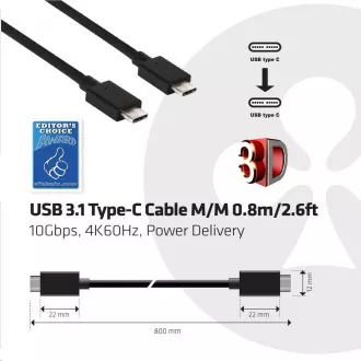 Club3D Kabel USB 3.1 typ C Gen2 4K60Hz UHD Power Delivery 100W, (M/M), 80cm Club3D Kabel USB 3.1 typ C Gen2 4K60Hz UHD Power Delivery 100W, (M/M), 80cm