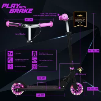 Dětská koloběžka Story Play s ruční brzdou, led kolečka, fialová Dětská koloběžka Story Play s ruční brzdou, led kolečka, fialová