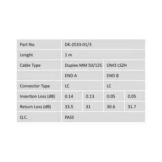 DIGITUS Fiber Optic Patch Cord, LC to LC, Multimode, OM3, 50/125 µ, Duplex Length 1m DIGITUS Fiber Optic Patch Cord, LC to LC, Multimode, OM3, 50/125 µ, Duplex Length 1m
