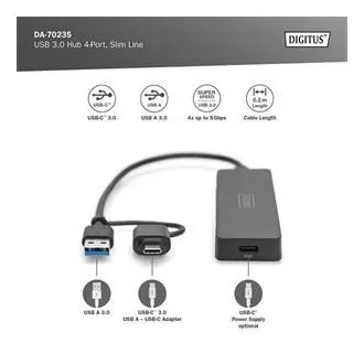 Digitus USB 3.0 Hub 4-Port, Slim Line, 0,2m kabel