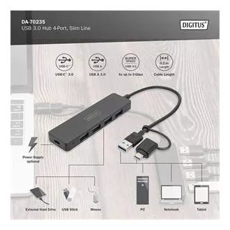Digitus USB 3.0 Hub 4-Port, Slim Line, 0,2m kabel