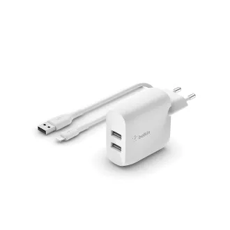 Belkin BOOST CHARGE Duální 24W USB-A nástěnná nabíječka + 1m lightning kabel, bílá Belkin BOOST CHARGE Duální 24W USB-A nástěnná nabíječka + 1m lightning kabel, bílá