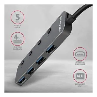 AXAGON HUE-MSA, 4x USB 3.2 Gen 1 SWITCH hub, kovový, micro USB nap. konektor, kabel USB-A 20cm