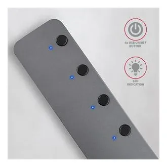 AXAGON HUE-MSA, 4x USB 3.2 Gen 1 SWITCH hub, kovový, micro USB nap. konektor, kabel USB-A 20cm