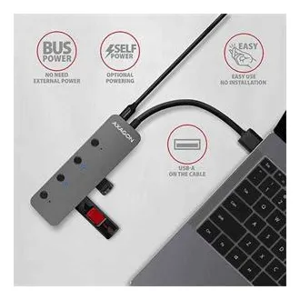 AXAGON HUE-MSA, 4x USB 3.2 Gen 1 SWITCH hub, kovový, micro USB nap. konektor, kabel USB-A 20cm
