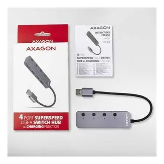 AXAGON HUE-MSA, 4x USB 3.2 Gen 1 SWITCH hub, kovový, micro USB nap. konektor, kabel USB-A 20cm
