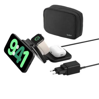 Belkin BOOST CHARGE PRO Qi2 3v1 Bezdrátová skládací cestovní podložka pro iPhone/Apple Watch/AirPods, černá Belkin BOOST CHARGE PRO Qi2 3v1 Bezdrátová skládací cestovní podložka pro iPhone/Apple Watch/AirPods, černá