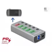 Delock Rozbočovač USB 3.2 Gen 1 se 4 porty + 1 rychlonabíjecím portem + 1 portem USB-C PD 3.0 s přepínačem a osvětlením