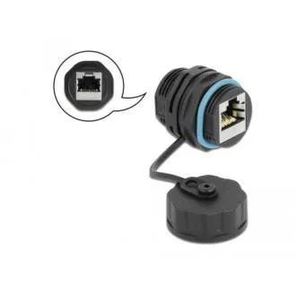 Delock Konektor kabelu ze zásuvkového RJ45 na zásuvkový RJ45, kategorie 6A s ochranným víčkem, vodotěsný Delock Konektor kabelu ze zásuvkového RJ45 na zásuvkový RJ45, kategorie 6A s ochranným víčkem, vodotěsný