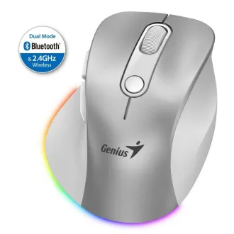 Genius Ergo 9000S Pro Myš, bezdrátová, optická, 2400DPI, 6 tlačítek, BT, 2,4GHz, USB-C nabíjení, tichá, 7barevné podsv.,stříbrná Genius Ergo 9000S Pro Myš, bezdrátová, optická, 2400DPI, 6 tlačítek, BT, 2,4GHz, USB-C nabíjení, tichá, 7barevné podsv.,stříbrná