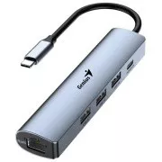Genius UH-545 USB Hub, externí, USB-C na 3× USB 3.0, 1× USB-C, RJ-45 Gigabit Ethernet, 15cm, šedý